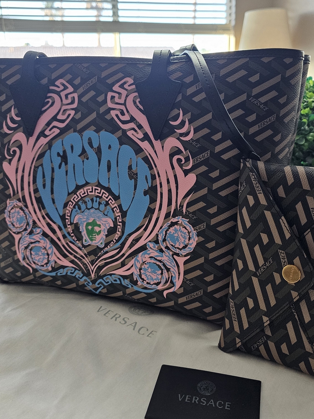Versace Women’s Brown Logo Tote with Pink & Blue Graphic